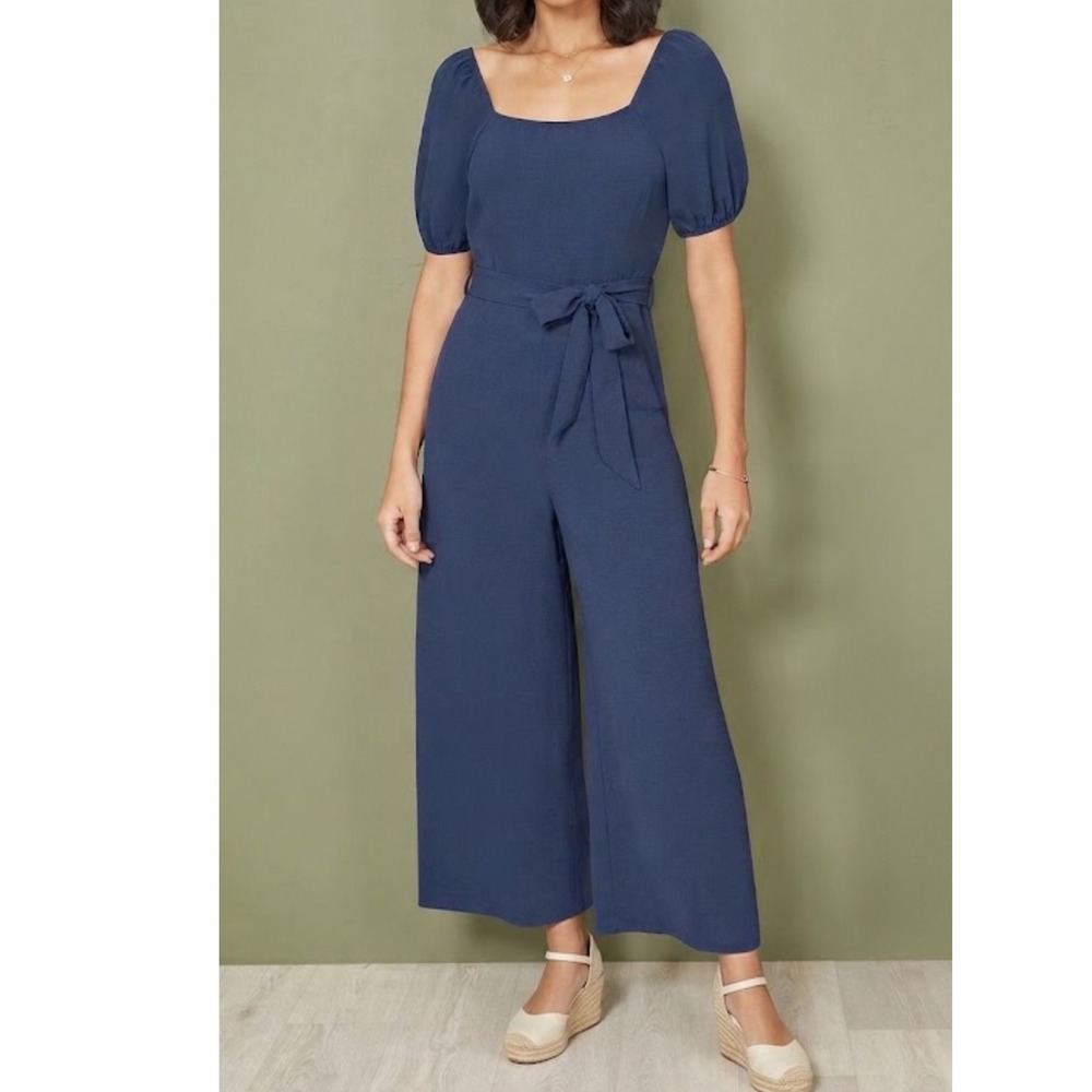 Trixxi Los Angeles | Navy Blue Puff Sleeve Textured Wide Leg Jumpsuit, Size M